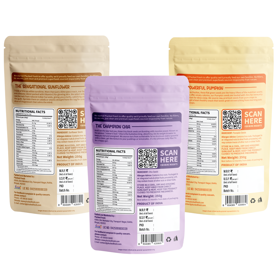 Sunflower Seeds (250g), Chia Seeds (250g), & Pumpkin Seeds (250g)