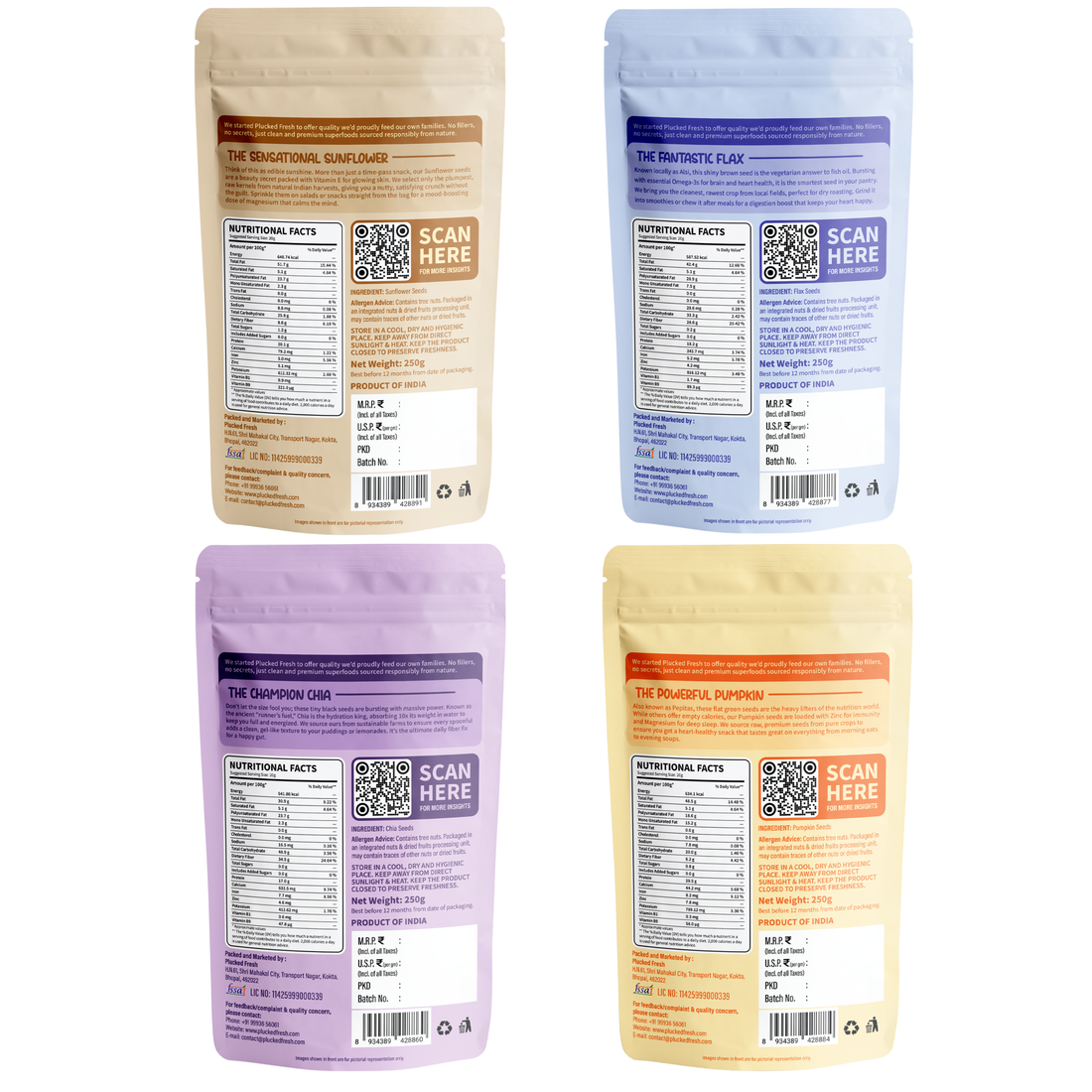 Sunflower Seeds (250g), Chia Seeds (250g), Flax Seeds (250gm), & Pumpkin Seeds(250g)